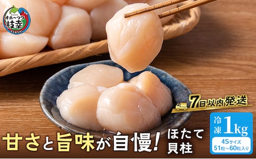 プロも認めるオホーツクブランド「枝幸ほたて」冷凍貝柱1kg（4Sサイズ：51粒～60粒）枝幸漁協 【 刺身 魚介 帆立 超目玉 魚貝類 貝類 海の幸 枝幸産 つまみ 肴 お酒のお供 お酒のあて 北海道 オホーツク 枝幸 】