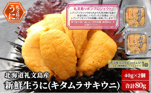 【礼文島リボンプロジェクト】北海道 礼文島産 新鮮生うに キタムラサキウニ 40g×2パック(ピンバッジ付)［野崎水産］【 うに ウニ 雲丹 生うに ムラサキウニ 自然保護 寄付 海鮮 】