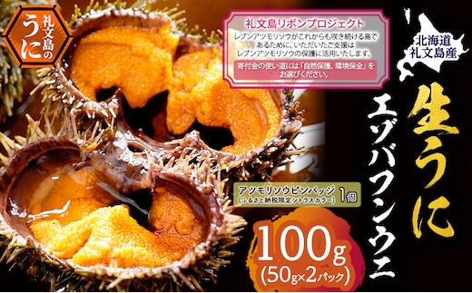 【礼文島リボンプロジェクト】北海道 礼文島産 採れたて バフンウニ 塩水パック 50g×2 生うに 生ウニ 塩水うに 魚貝類 雲丹