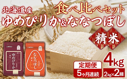【5ヶ月定期配送】(精米4kg)食べ比べセット(ゆめぴりか、ななつぼし)