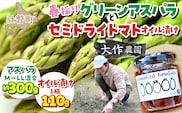 <2027年4月中旬頃よりお届け>北海道壮瞥産 大作農園の「春採りグリーンアスパラM～LL混合」約300gとセミドライトマトオイル漬け1瓶（110g）のセット SBTR009
