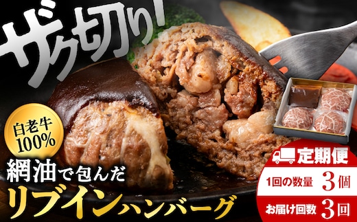 【3ヶ月定期便】白老牛 中おちプレミアムハンバーグ200g×3個【かねかん】