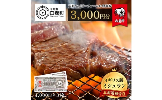 お食事券 北海道 天野ファミリーファーム (3000円分)【牧場直営・炭火焼肉レストラン】