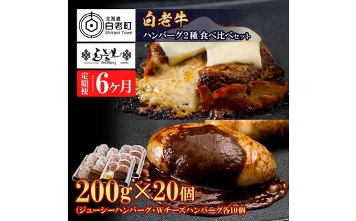 定期便6カ月 お楽しみ 白老牛 2種 食べ比べ ハンバーグ セット 合計20個 モッツァレラ ベーコン 網脂 特製ソース 手造り