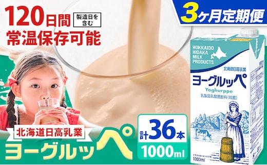 【3ヶ月定期便】ロングライフ 常温保存可能 ヨーグルッペ 1000ml × 12本 日高乳業《お申込み翌月から出荷》北海道 日高町 乳酸菌飲料 常温 備蓄 ストック 1L---hohdk_hhn_9_tei_mo3---
