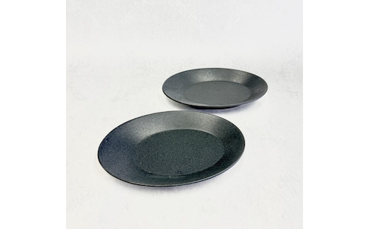 『鹿追焼』黒釉楕円皿2枚セット(大大) SKU011