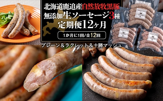 十勝鹿追町産 自然放牧黒豚 無添加生ソーセージ３種 定期便（12カ月） SKN015