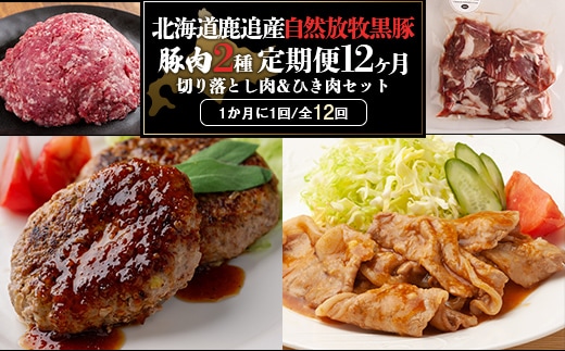 十勝鹿追町産自然放牧黒豚 ひき肉＆切り落としセット（1,950ｇ）定期便12カ月 SKN017
