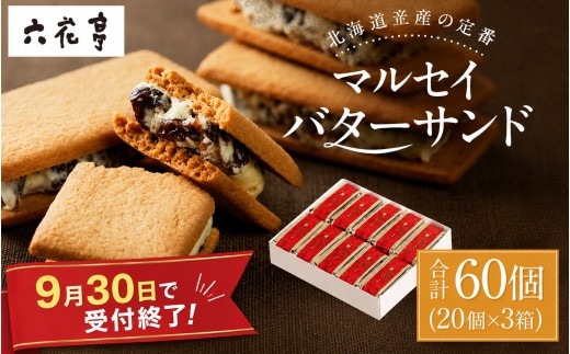 【9月30日受付終了】六花亭 マルセイバターサンド 20個入×3箱 計60個入 北海道 中札内村 スイーツ お菓子 マルセイ バターサンド レーズンサンド 洋菓子 お取り寄せ ギフト プレゼント 贈り物 お土産 冷蔵 送料無料 [023-0036x1]