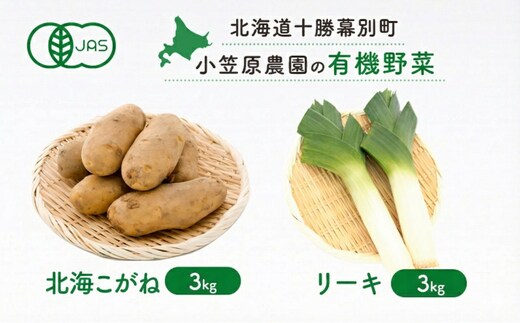 小笠原農園の有機野菜 2種詰合せ（北海こがね3kg・リーキ3kg）北海道 十勝 幕別《2026年秋出荷先行予約》【 野菜 芋 じゃがいも 北海こがね ねぎ ネギ リーキ セット 】