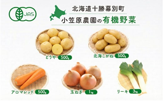 小笠原農園の有機野菜 5種詰合せ（とうや500g・北海こがね500g・にんじん500g・玉ねぎ1kg・リーキ3kg）北海道 十勝 幕別《2026年秋出荷先行予約》【 野菜 芋 じゃがいも たまねぎ 人参 にんじん ねぎ 長ねぎ 野菜セット 】