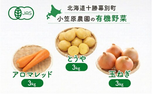 小笠原農園の有機野菜 3種詰合せ（とうや3kg・にんじん3kg・玉ねぎ3kg）北海道 十勝 幕別《2026年秋出荷先行予約》【 野菜 芋 じゃがいも にんじん 人参 玉ねぎ たまねぎ セット 野菜セット 】