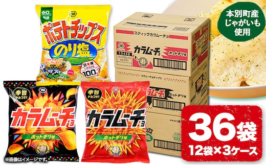 湖池屋 「のり塩・カラムーチョセット」(各12袋×1箱) 本別町観光協会 送料無料《60日以内に出荷予定(土日祝除く)》北海道 本別町 ポテト ポテトチップス 菓子 スナック スナック菓子 食べ比べ---hsh_hkknk_60d_23_18500_12p---