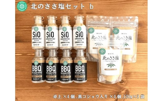北のささ塩 Bセット（北のささ塩100g×3袋・SIO75g×4本・BBQ75g×4本）《足寄町》【株式会社北のささ】塩 しお ソルト 卓上 黒コショウ 料理 調味料 おにぎり アウトドア 北海道産 あしょろ 北海道 [BEAR004]
