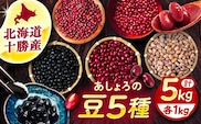北海道 あしょろの豆 5種 計5kg（各1kg×各1袋）《足寄町》【党崎農場】小豆 大納言小豆 黒大豆 大正金時 中長鶉 大粒 詰め合わせ 赤飯 おしるこ 煮豆 健康 北海道産 道産 寒冷地 [BEAA012]