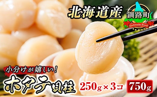 北海道産 ホタテ貝柱 約250g×3パック 合計750g 帆立 ホタテ ほたて 貝柱 刺身 刺し身 ほたて刺身 刺身 冷凍 セット 貝類 小分け 産地直送 魚介類 海鮮 絶品 人気 ヒロセ 北海道 釧路町 釧路超 特産品