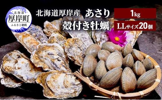 北海道 厚岸産 あさり1kg 殻付き 牡蠣 LLサイズ 20個 魚貝類 海鮮 海の幸 ふっくら 濃厚 大粒 肉厚 産地直送 