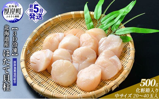 【3D冷凍】北海道産 ほたて貝柱500g 化粧箱入り 中サイズ 20～40玉入 帆立 ホタテ 玉冷 魚貝類 肉厚 新鮮 高品質 北海道産ほたて 刺身 バター焼き フライ マリネ 