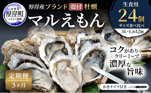 【 3ヵ月 定期便 】 厚岸産 ブランド 殻付カキ マルえもん 生食用 サイズ食べ比べ 24個 (3L・L各12個)[ 魚貝類 生牡蠣 かき 牡蠣 カキ 生ガキ 食べ比べ ]
