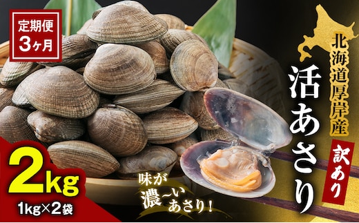 【3カ月 定期便 】訳あり 北海道 厚岸産 砂出し済み 活あさり 1kg×2 (合計2kg) 【厚岸海産】[ アサリ 魚貝 海鮮 大粒 美味しい 栄養 旨み 砂出し 水洗い 冷蔵 便利 ]