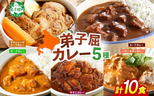 1447. 弟子屈 カレー 5種 食べ比べ 計10個 中辛 バターチキンカレー スープカレー ビーフカレー ポークカレー 牛すじカレー 業務用 レトルト 北海道 弟子屈町