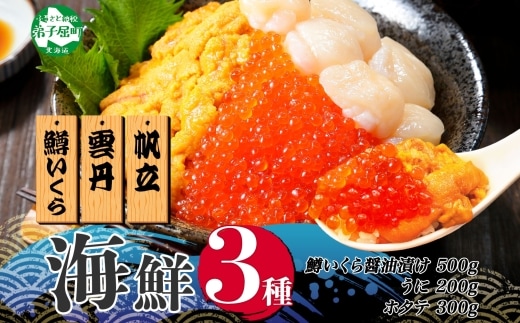3610. 3種 海鮮丼 鱒 いくら醤油漬け 100g×5 5-6人前 ウニ チリ産 雲丹 うに 200g ホタテ 300g 帆立 いくら いくら醤油 イクラ 魚卵 海鮮 送料無料 北海道 弟子屈町