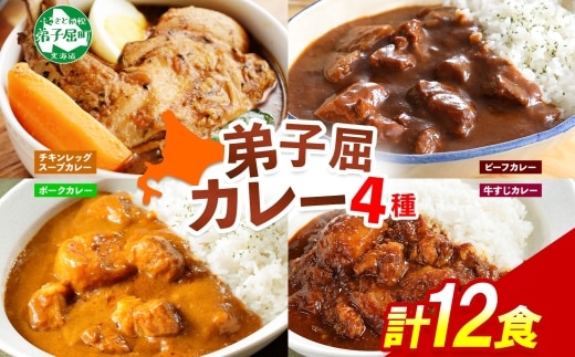 782.カレー 4種 食べ比べ 計12個 中辛 スープカレー ビーフカレー ポークカレー 牛すじカレー じゃがいも 牛 業務用 レトルトカレー 北海道 弟子屈町