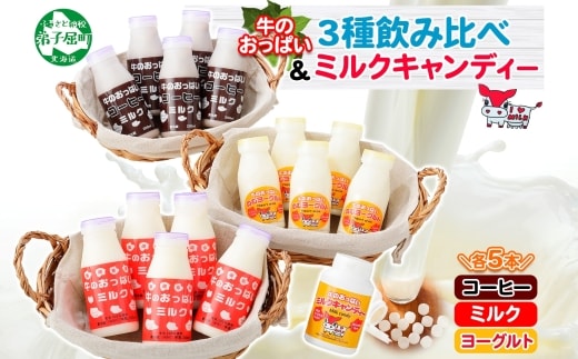 784.牛のおっぱいミルク 5本 コーヒーミルク5本 のむヨーグルト5本 計15本 おっぱいミルクキャンディー1個 セット 牛乳 生乳 ミルク 飲料 しぼりたて 珈琲 ヨーグルト 飴 北海道 弟子屈町