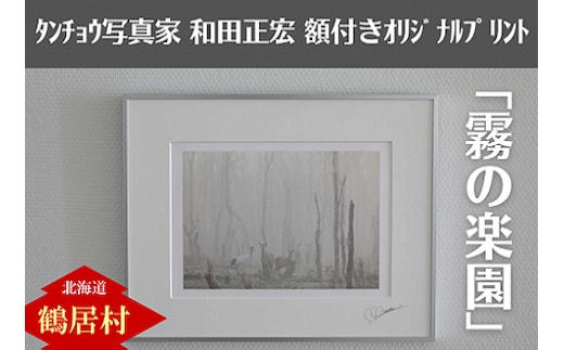 北海道鶴居村 タンチョウ写真家 和田正宏 額付きオリジナルプリント「霧の楽園」(サイン入り)