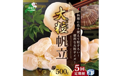 【毎月5ヶ月定期便】北海道 野付産 漁協直送 冷凍ホタテ 貝柱大粒（2Sサイズ）ホタテ500ｇ【NKM05ND01】