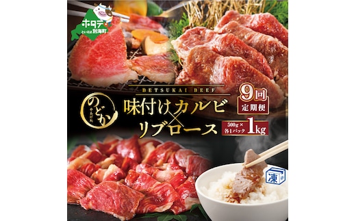 【毎月定期便】別海牛味付けカルビ・リブロース各５００g×9ヵ月【be046-0933-100-9】（串あげ処のどか）