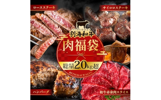 北海道 別海町 別海和牛 肉 福袋 総量 2.0kg超（別海和牛赤身肉スライス：500g（250g×2P） ハンバーグ980g（140g×7個） サイコロステーキ500g ロースステーキ500g）【FF0000047】