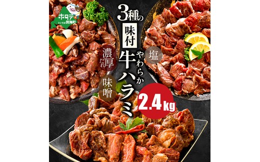 北海道 別海町 味付け ハラミ 食べ比べ 3種 2.4kg（塩400g×1パック・味噌400g×1パック・醤油400g×1パック）【NS0002KO0】