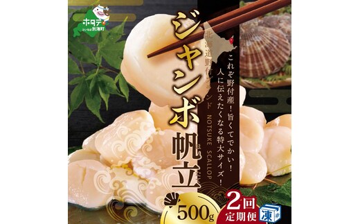 【毎月2ヶ月定期便】北海道 野付産 漁協直送 冷凍 ホタテ 貝柱 ジャンボホタテ500g 濃厚な旨味と甘み （ほたて ホタテ 帆立 貝柱 ホタテ貝柱 大玉 大粒 北海道 別海 野付 ふるさと納税）