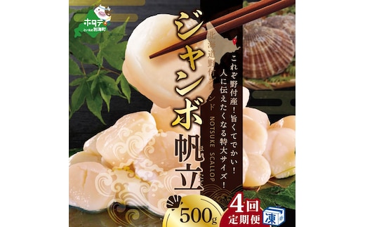 【毎月4ヶ月定期便】北海道 野付産 漁協直送 冷凍 ホタテ 貝柱 ジャンボホタテ500g 濃厚な旨味と甘み （ほたて ホタテ 帆立 貝柱 ホタテ貝柱 大玉 大粒 北海道 別海 野付 ふるさと納税）