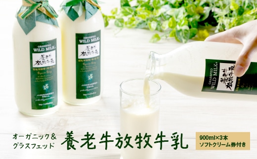 オーガニック＆グラスフェッド養老牛放牧牛乳900ml×3本 《ソフトクリーム券付き》【1300102】