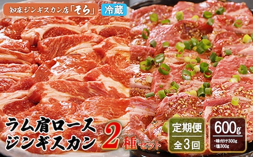 【定期便：全3回】知床ジンギスカン店「そら」ラム肩ロースジンギスカン2種セット×計600g（味付け×300g・塩×300g）【1601101】