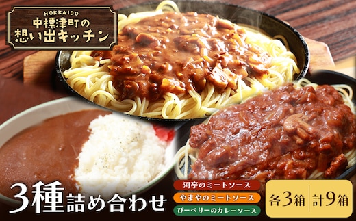 中標津 想い出キッチン「河亭のミートソース」「ぴーべりーのカレーソース」「やまやのミートソース」各3箱 合計９箱詰め合わせ【32038】