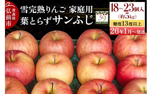 【26年1月～発送】りんご 【 数量限定 】雪完熟 自然 葉とらず 糖度13度以上 家庭用 サンふじ 約 5kg 18～23個