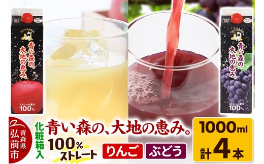 ストレートジュース 詰め合わせセット【青い森の、大地の恵み。あおもりスチューベン100＆あおもりりんご100】1000ml×各2本 化粧箱入り