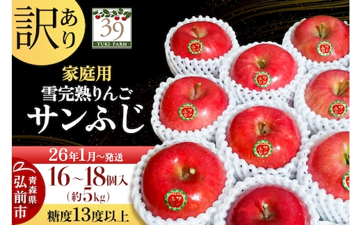 【26年1月～発送】りんご【 数量限定 】訳あり 雪完熟 家庭用 糖度13度以上 サンふじ 約 5kg 16～18個入り 林檎 リンゴ 果物 くだもの フルーツ 青森