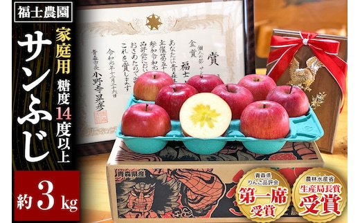 【26年11月～発送】りんご サンふじ【家庭用】約3kg【りんご品評会最高賞】糖度14度以上保証 青森県 弘前市 [青森県産 産地直送 高糖度 甘い アップル おいしい 果実 果物 赤色 美味]