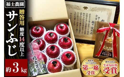 【26年11月～発送】りんご サンふじ【贈答用・特選】約3kg【りんご品評会最高賞】糖度14度以上保証 青森県 弘前市 [青森県産 ギフト おもてなし 産地直送 高糖度 甘い アップル おいしい 果実 果物 赤色 美味]