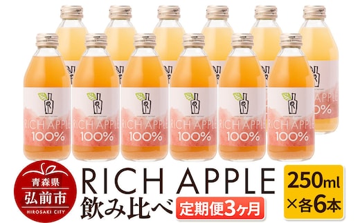 【寄附金額見直しました】【定期便3ヶ月】RICH APPLE 飲み比べ りんごジュース12本セット（250ml×12本×3回）【飲料類 果汁飲料】