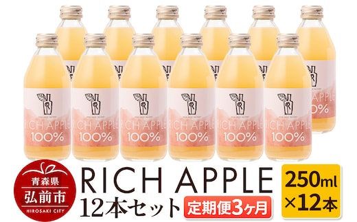 【定期便3ヶ月】RICH APPLE りんごジュース12本セット（250ml×12本×3回）【飲料類 果汁飲料】