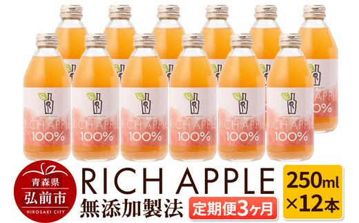 【定期便3ヶ月】RICH APPLE 無添加製法 りんごジュース12本セット（250ml×12本×3回）【飲料類 果汁飲料】