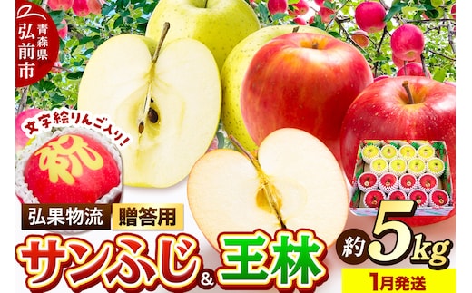 【26年1月発送】りんご 贈答用 サンふじ・王林＋文字絵入りりんご1個 約5kg