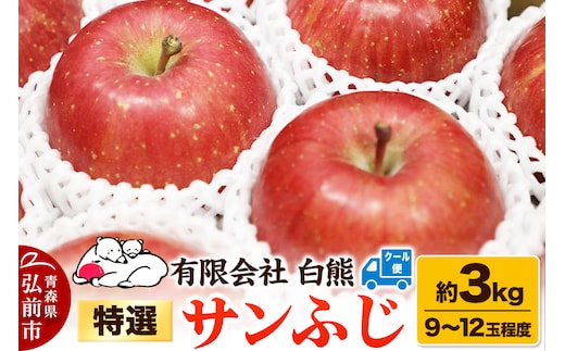 【26年3月発送・先行受付・クール便】りんご 特選 白熊 サンふじ 絆 約3kg（9～12玉程度）糖度13度