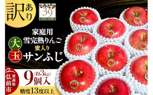 【26年12月発送】りんご サンふじ【訳あり】約3kg（9個）大玉 糖度13度以上 蜜入り 雪完熟【数量限定】家庭用 先行受付 青森県 弘前市 果物 フルーツ 林檎 リンゴ くだもの 不揃い 規格外 [先行予約 産地直送 アップル おいしい 果実 美味 甘い 赤色]