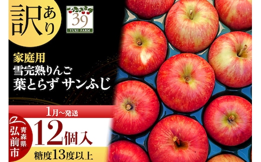 【27年1月～発送】りんご 葉とらず サンふじ【訳あり】12個 糖度13度以上 雪完熟【数量限定】家庭用 先行受付 青森県 弘前市 果物 フルーツ 林檎 リンゴ くだもの 不揃い 規格外 [先行予約 産地直送 アップル おいしい 果実 美味 甘い 赤色]